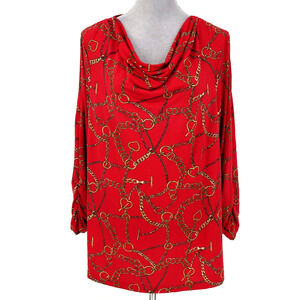 Susan Graver Top Womens XL Red Gold Chain Print Stretch Knit Cowl Neck Blouse